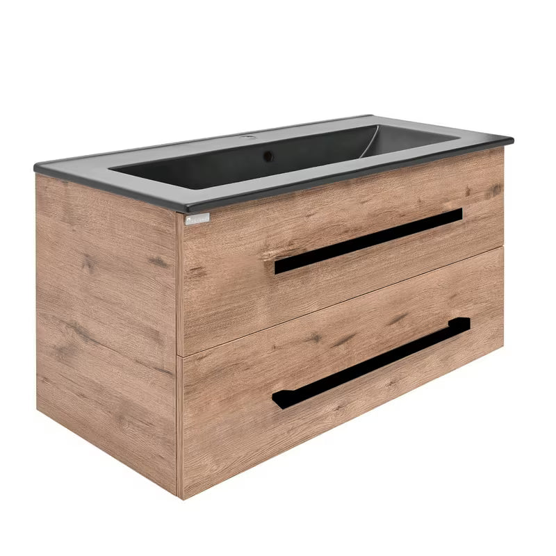 Pakabinama vonios spintelė SAT Cube Way su keraminiu praustuvu, ąžuolo dekoro Wellington ir juodomis rankenėlėmis.