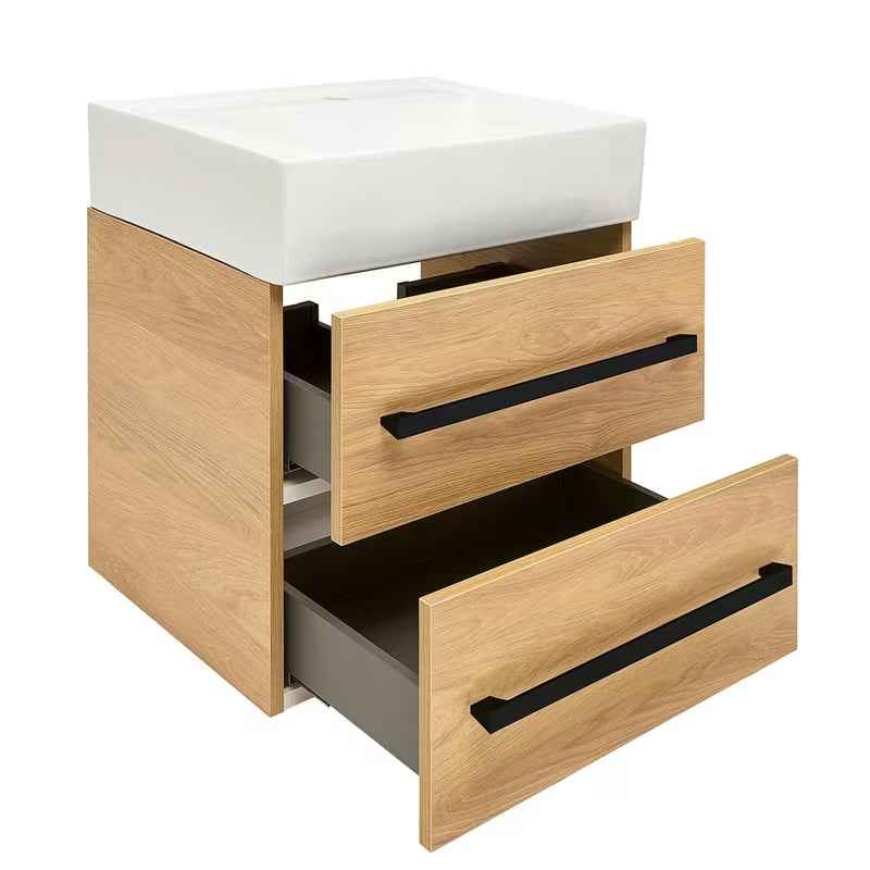 Pakabinama vonios spintelė su keraminiu praustuvu SAT Cube Way, 60x46 cm, ąžuolo dekoro hickory