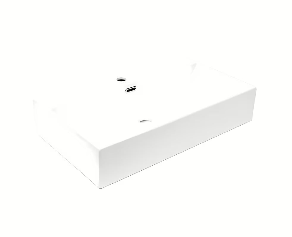 Baltas keraminis pakabinamas praustuvas SAT Cube Way 75x42 cm su persipylimo anga ir anga pro maišytuvui