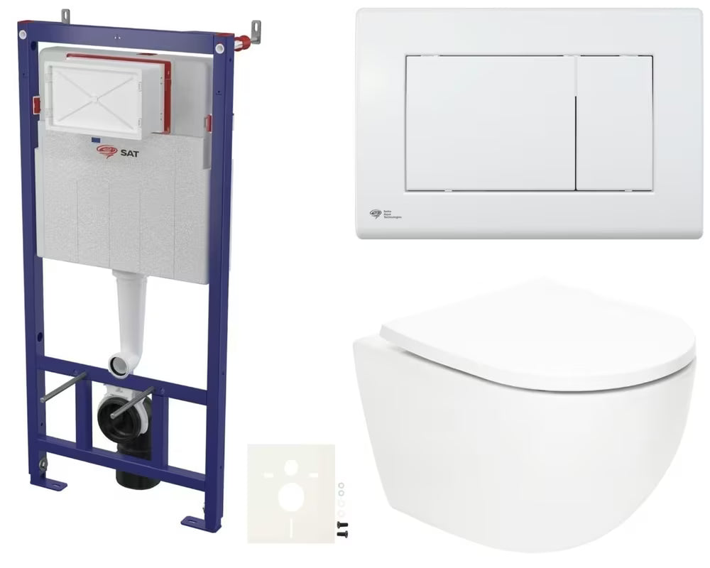 Pakabinami WC komplektas SAT Fusion su sūkuriniu nuplovimu, bakeliu, baltu nuleidimo mygtuku ir duroplastine sėdyne