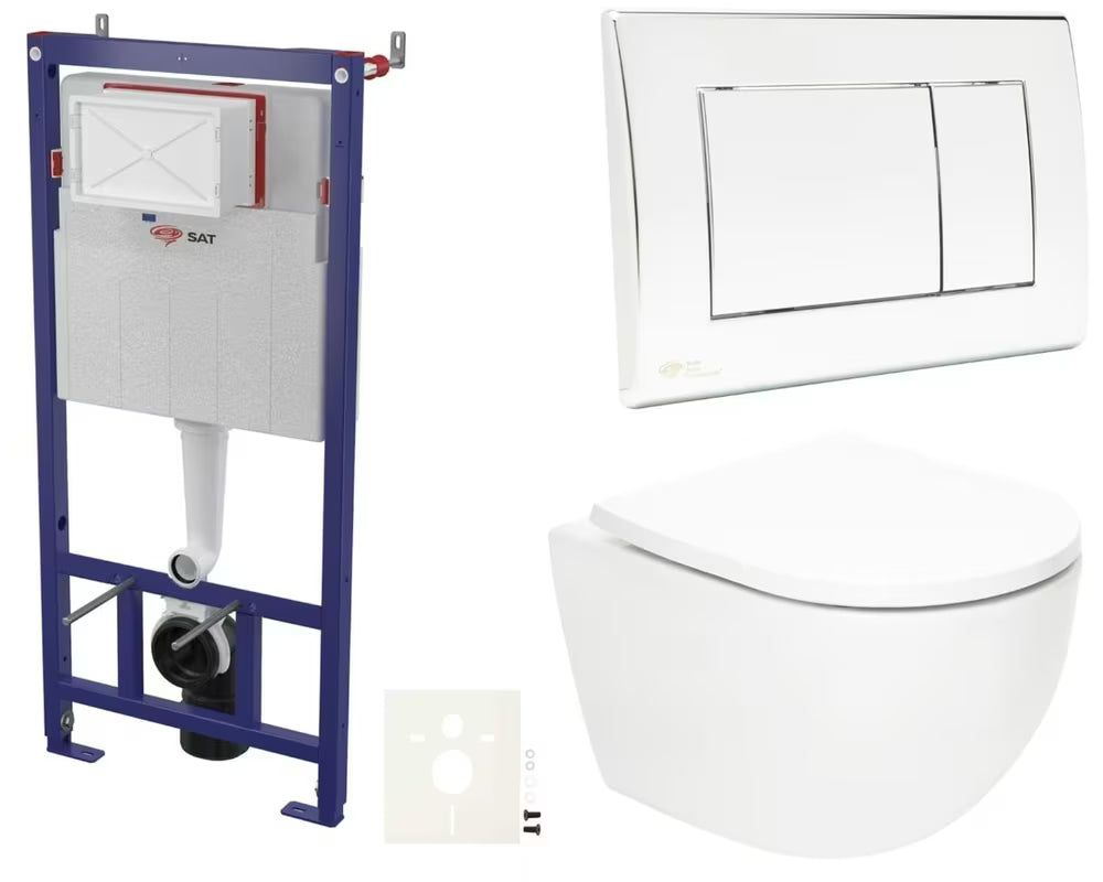 Pakabinami WC komplektas SAT Fusion su sūkuriniu nuplovimu, bakeliu, nuleidimo mygtuku ir KLOZETAS sėdyne