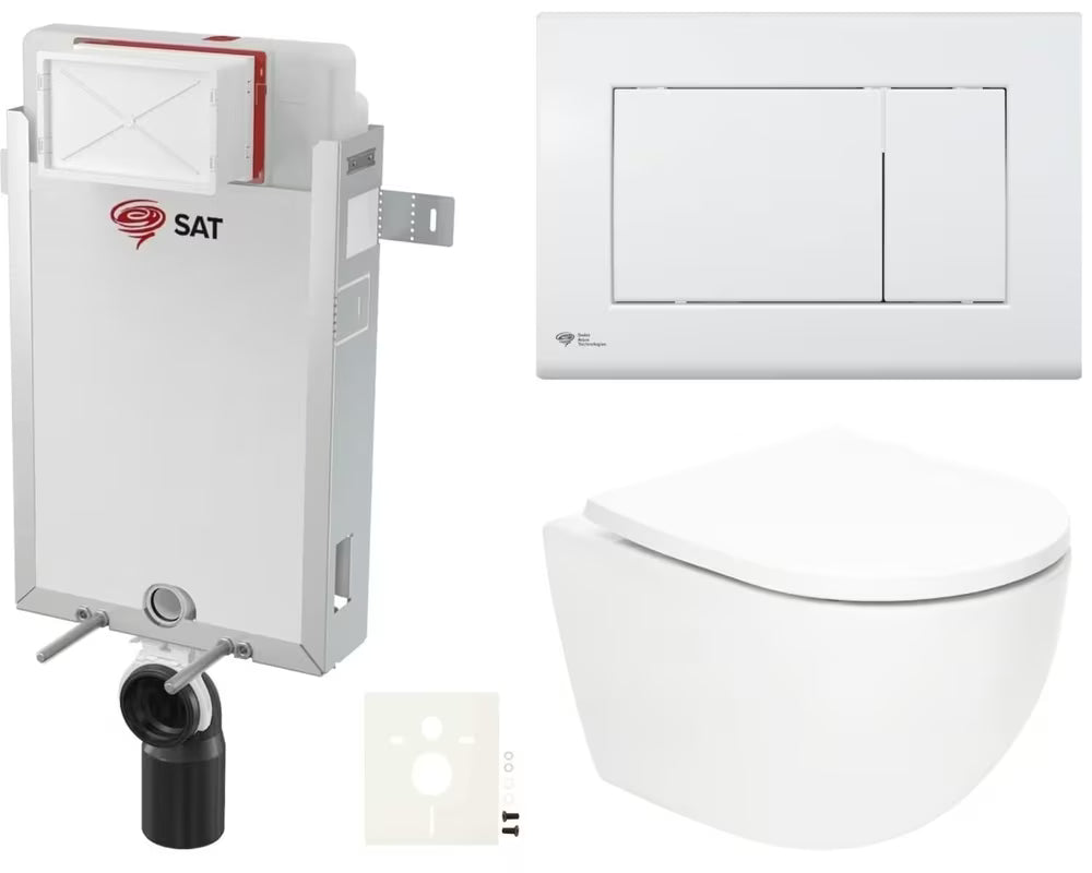 Pakabinami WC komplektas SAT Fusion su sūkuriniu nuplovimu, potinkiniu moduliu, bakeliu ir baltu mygtuku
