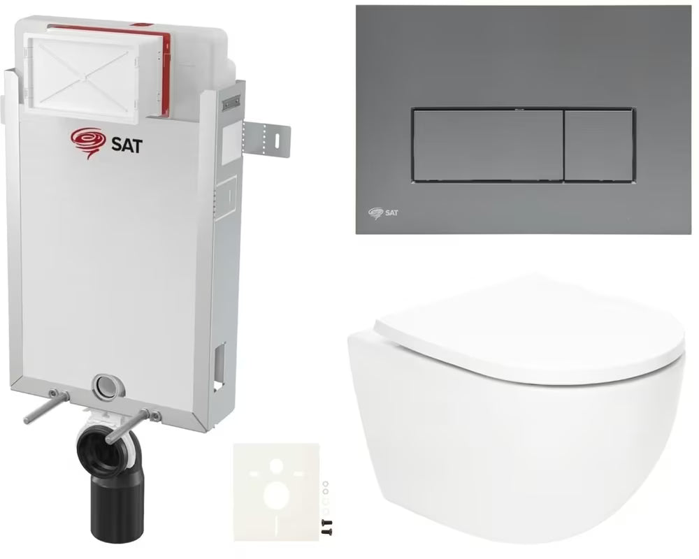 Pakabinami WC komplektas SAT Fusion su sūkuriniu nuplovimu ir gun metal mat spalvos nuleidimo mygtuku