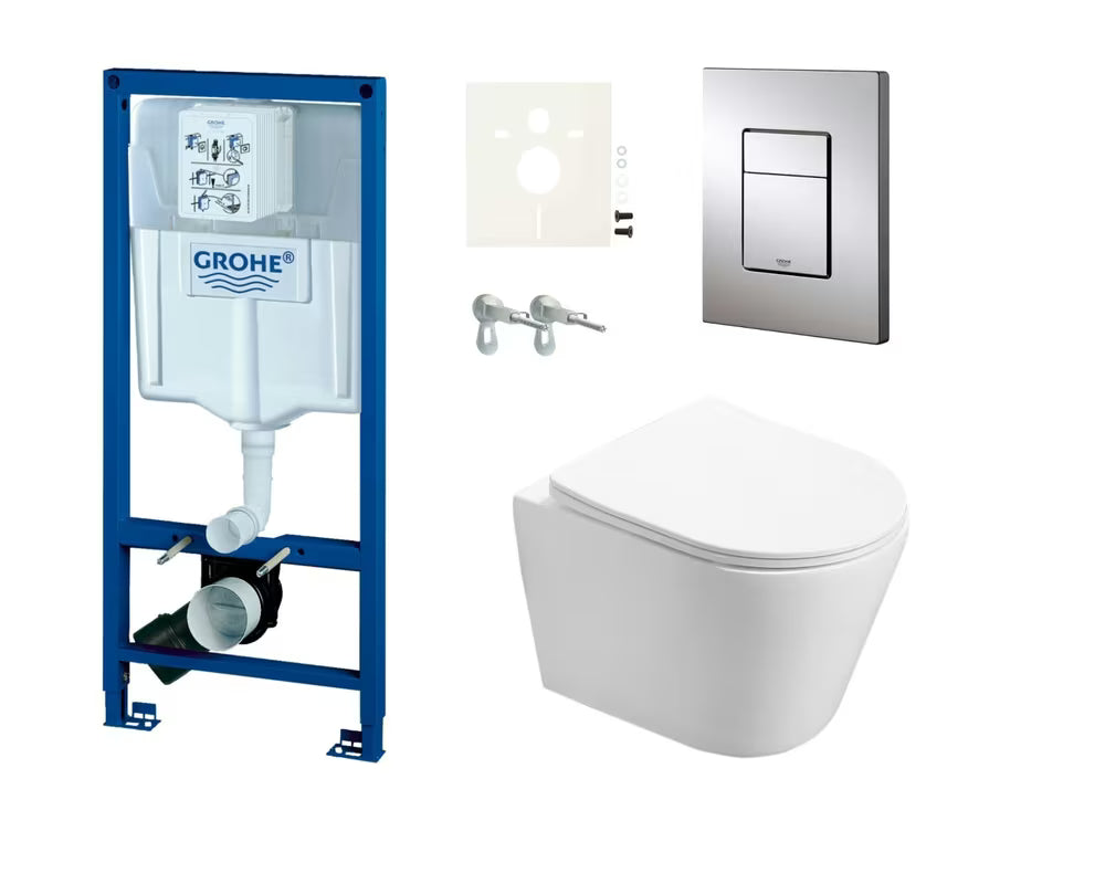 Pakabinami WC komplektas SAT Infinitio su potinkiniu bakeliu Grohe Rapid SL ir nuleidimo mygtuku