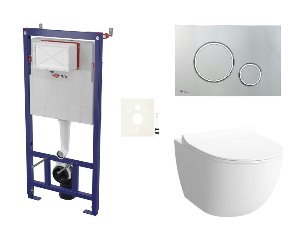 Pakabinami WC komplektas SAT Infinitio pro potinkinei instaliacijai su moduliu, mygtuku, garso izoliacija ir sėdyne softclose