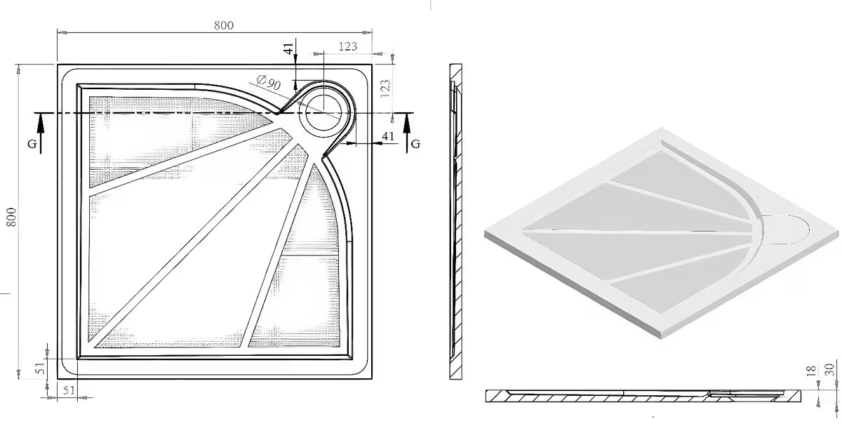 Balta kvadratinis dušo padėklas SAT Limcc 80x80 cm iš lieto marmuro su uždengtu kampiniu nutekėjimu