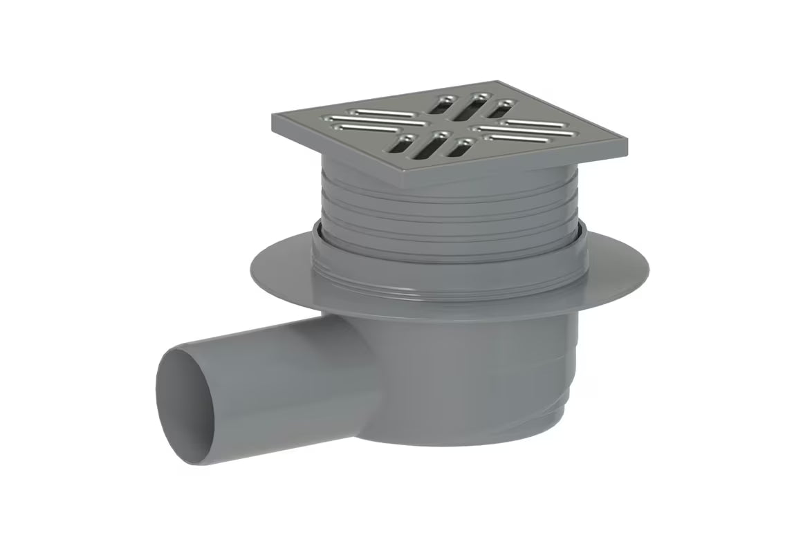 Grindų trapas SAT Project 16 × 16 cm iš nerūdijančio plieno ir plastiko su sifonu su gravitaciniu vožtuvu ir kvadratinėmis grotelėmis.