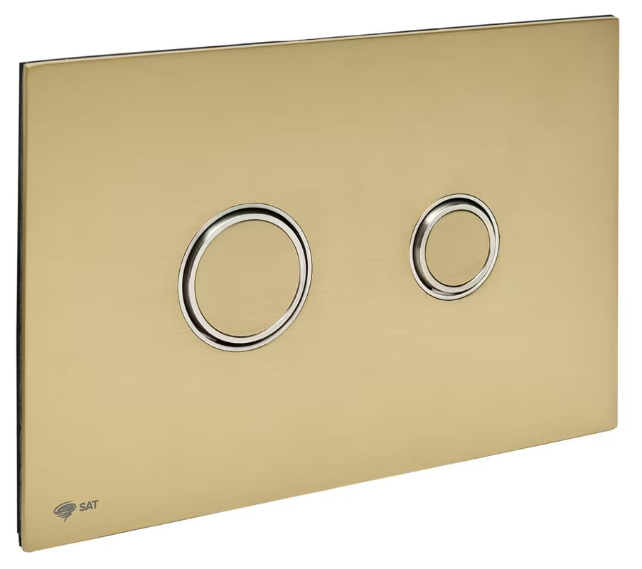 Matinės aukso spalvos vandens nuleidimo mygtukas SAT iš nerūdijančio plieno su PVD danga ir Anti-fingerprint paviršiumi pro potinkiniams rėmams.
