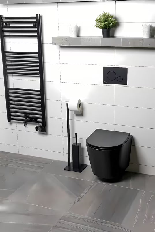 Juodas matinis metalinis WC šepetys SAT su laikikliu tualetiniam popieriui