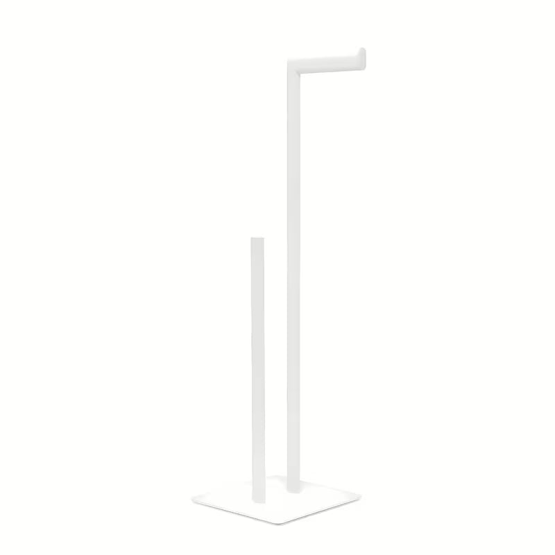 Laisvai pastatomas metalinis tualetinio popieriaus laikiklis SAT matinės baltos spalvos, modernaus kampuoto dizaino.