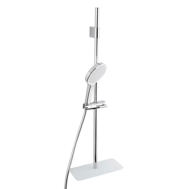 Dušo komplektas SAT Chrome su 3 srovių rankiniu dušu, dušo stovu ir balta stikline lentynėle