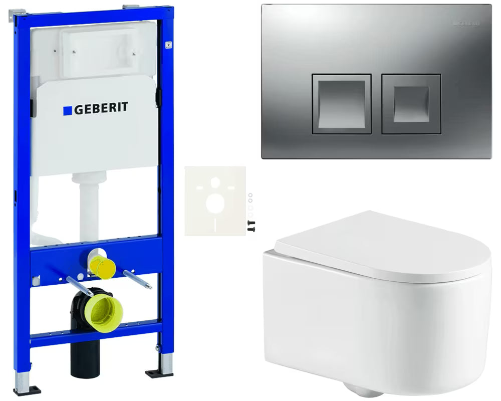 Pakabinami WC komplektas SAT su moduliu Geberit Duofix, nuleidimo mygtuku Delta ir KLOZETAS duroplasto sėdyne.