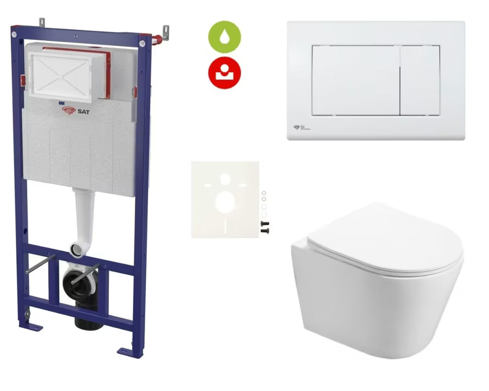 Pakabinami WC komplektas SAT Infinitio su potinkiniu bakeliu, nuleidimo mygtuku ir sėdyne su softclose