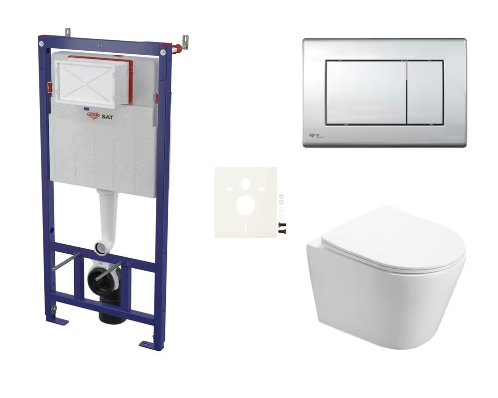 Pakabinami WC komplektas SAT Infinitio su prie sienos montuojamu moduliu, juodu nuleidimo mygtuku ir sėdyne softclose