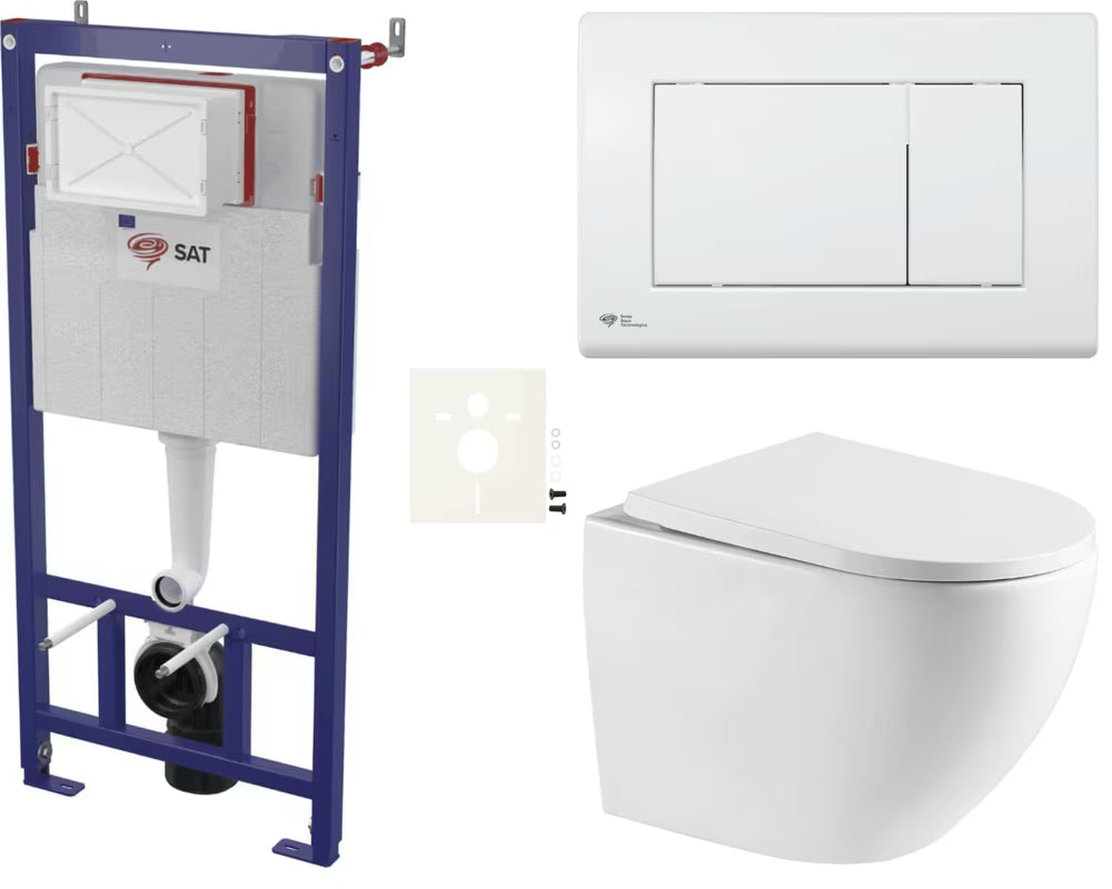 Pakabinami WC komplektas SAT su potinkiniu moduliu, bakeliu, baltu nuleidimo mygtuku ir sėdyne softclose