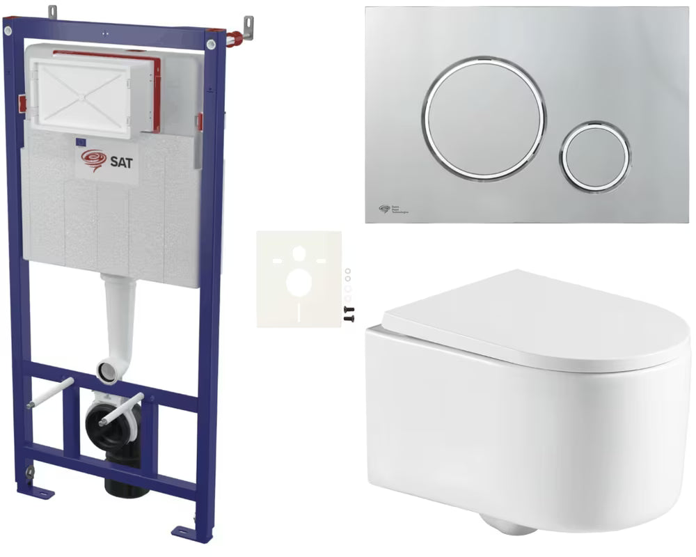 Pakabinami WC komplektas SAT lengvoms sienoms su chromuotu nuleidimo mygtuku ir sėdyne softclose.