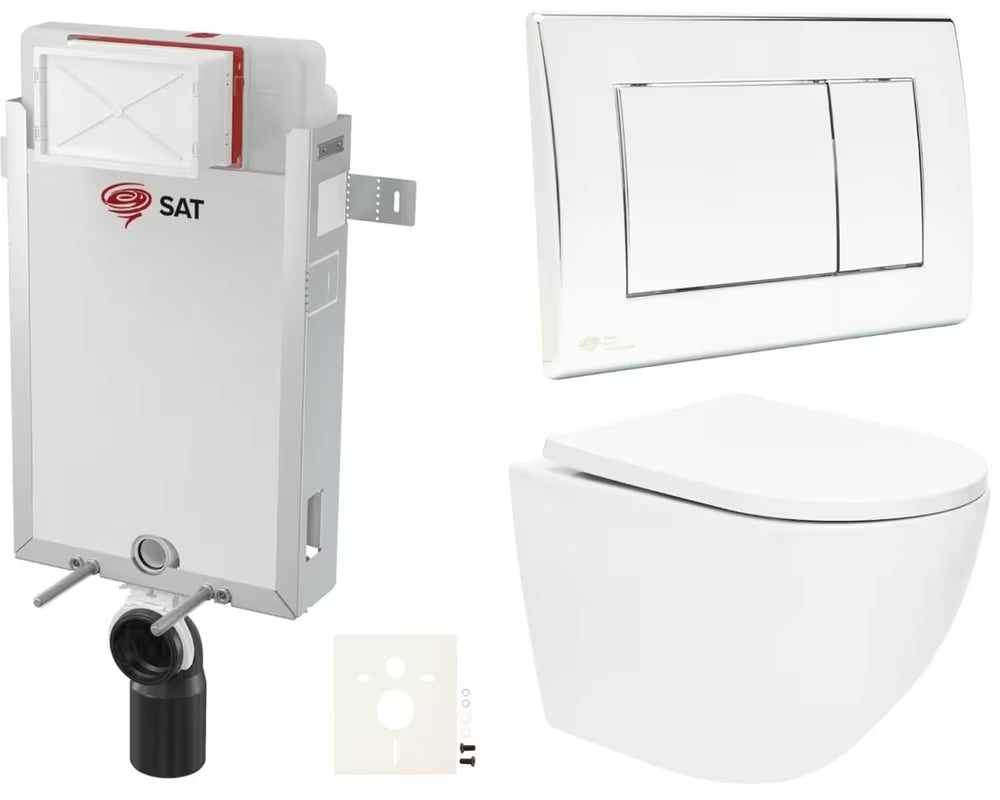 Pakabinami WC komplektas SAT Fusion su įmontuojamu moduliu, bakeliu SAT, blizgaus chromo nuleidimo mygtuku ir sėdyne