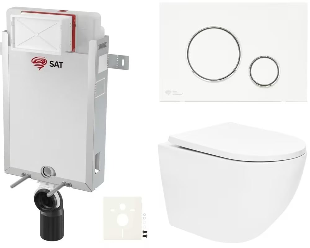 Pakabinami WC komplektas SAT Fusion su sūkuriniu nuplovimu, įmontuojamu moduliu, bakeliu, baltu mygtuku ir sėdyne