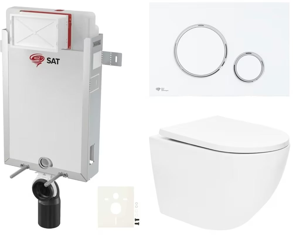 Pakabinami WC komplektas SAT Fusion su sūkuriniu nuplovimu, įmontuojamu moduliu, bakeliu ir baltu matiniu mygtuku