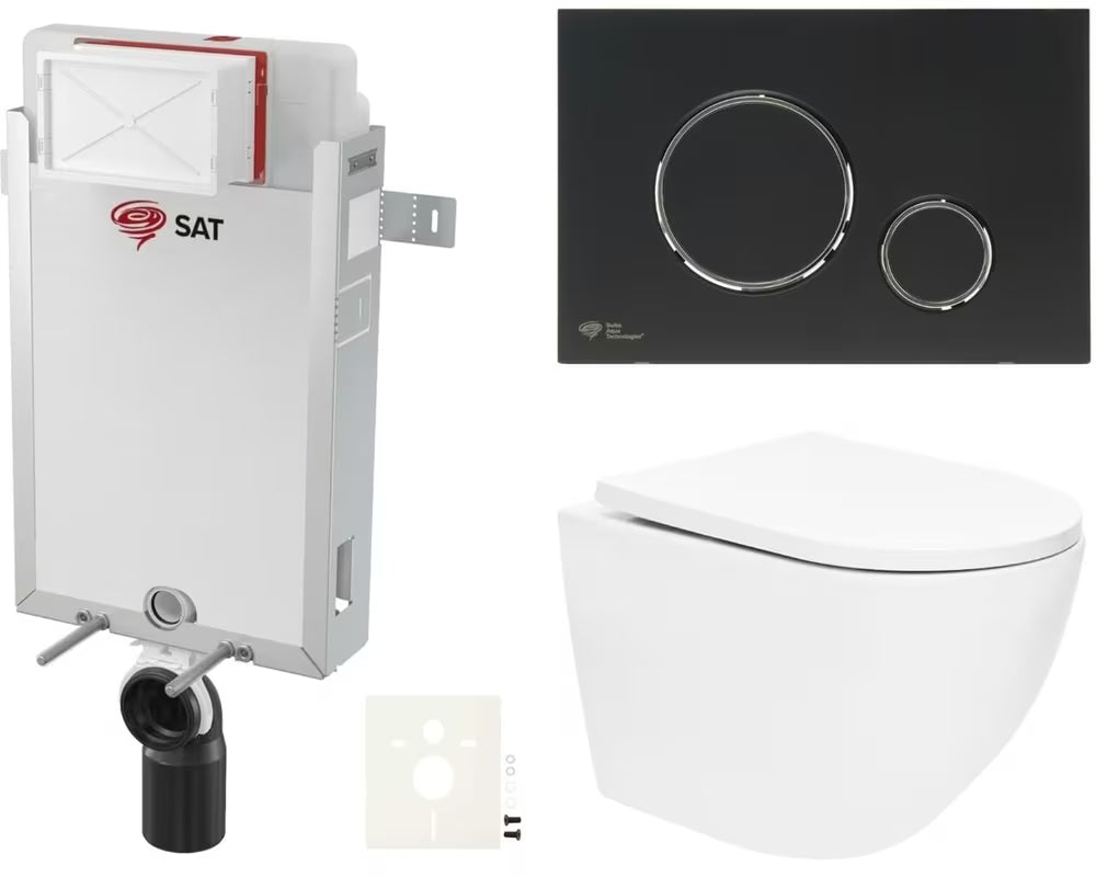 Pakabinami WC komplektas SAT Fusion su įmontuojamu moduliu, bakeliu, juodu matiniu mygtuku ir sėdyne