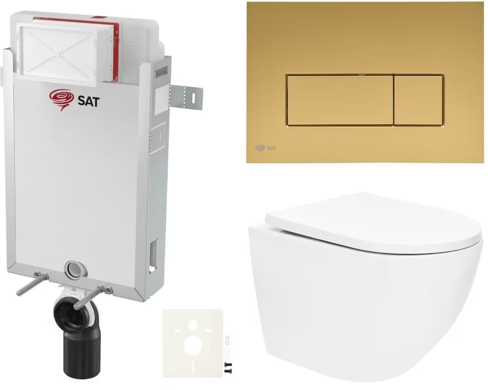 Pakabinami WC komplektas SAT Fusion su sūkuriniu nuplovimu ir gold matinės spalvos nuleidimo mygtuku