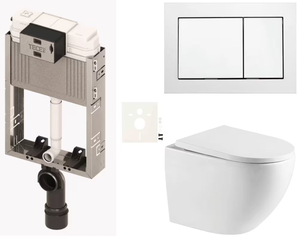 Pakabinami WC komplektas SAT Fusion pakabinamas WC su potinkiniu moduliu, sūkuriniu nuplovimu, bakeliu TECE ir nuleidimo mygtuku TECE base