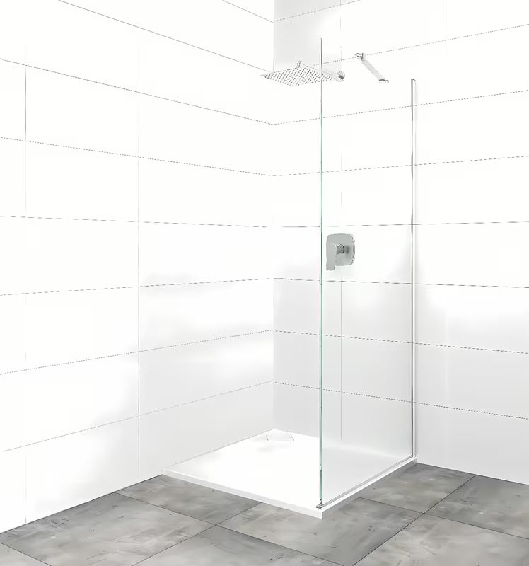 Stacionari dušo durų šoninė sienelė 90 cm su skaidriu stiklu ir blizgaus chromo profiliais.