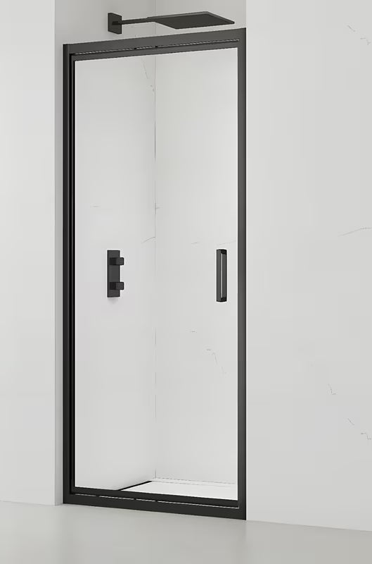 Juodas slankiojančios dušo durys SAT Tex-C 90 cm su skaidriu grūdintu stiklu ir Easyclean danga.