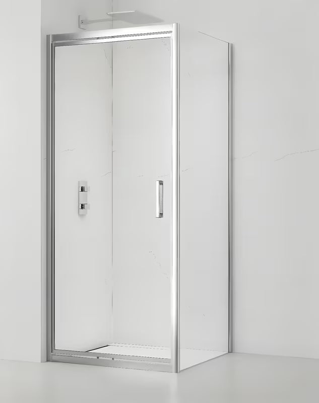 Stačiakampė dušo kabina SAT Tex-C 90x100 cm su stumdomomis durimis, skaidriu stiklu ir blizgia chromo apdaila profilis.