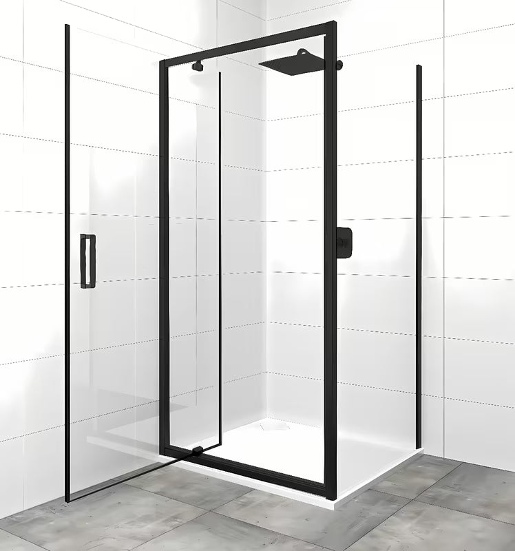 Varstomos dušo durys SAT Tex 90 cm, juodos spalvos, su skaidriu grūdintu stiklu.