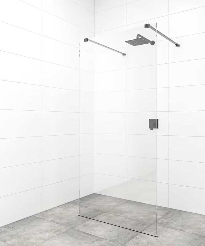 SAT Walk-in walk in Dušo-Sienelė 100 cm, berėmis modelis su skaidriu stiklu ir juodais laikikliais.