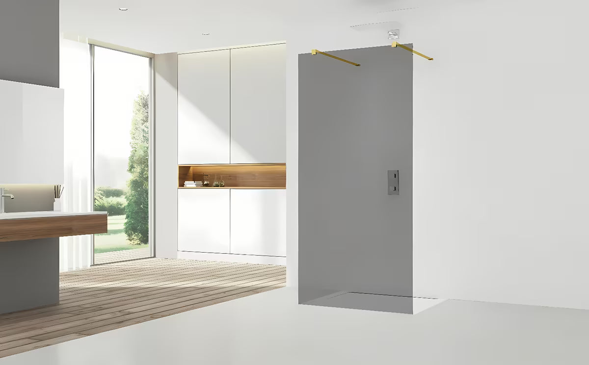 Walk-in dušo sienelė SAT Walk-in 110 cm iš skaidraus stiklo su auksinėmis tvirtinimo atramomis