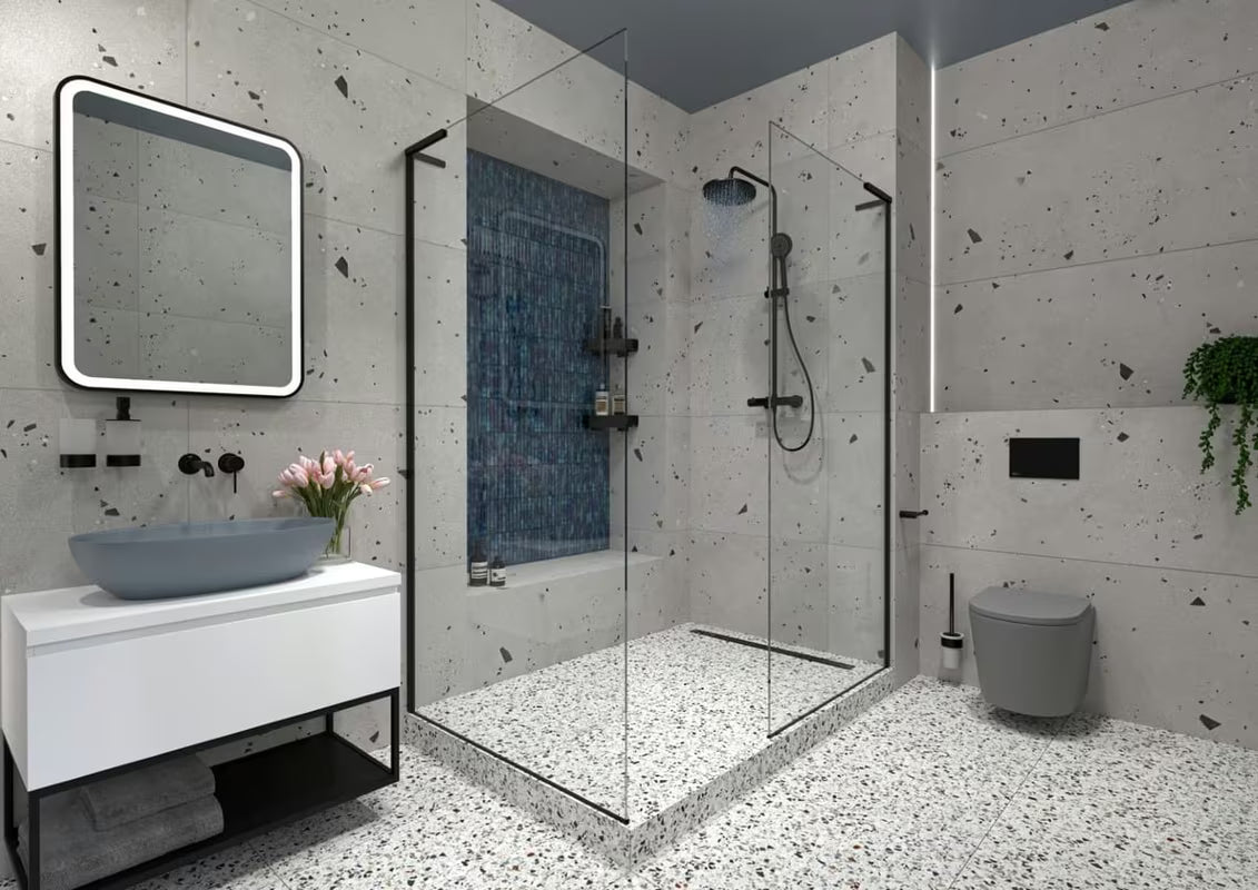 Walk-in dušo sienelė SAT Walk-in 110 cm, juodos matinės spalvos, su skaidriu stiklu ir berėmiu dizainu.