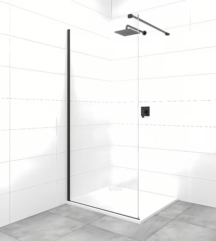 Juoda walk-in dušo sienelė su skaidriu grūdintu stiklu ir tvirtinimo laikikliu