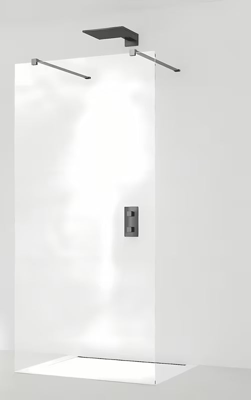 Walk-in dušo sienelė SAT Walk-in 140 cm juodos spalvos su skaidriu stiklu ir berėmiu dizainu.