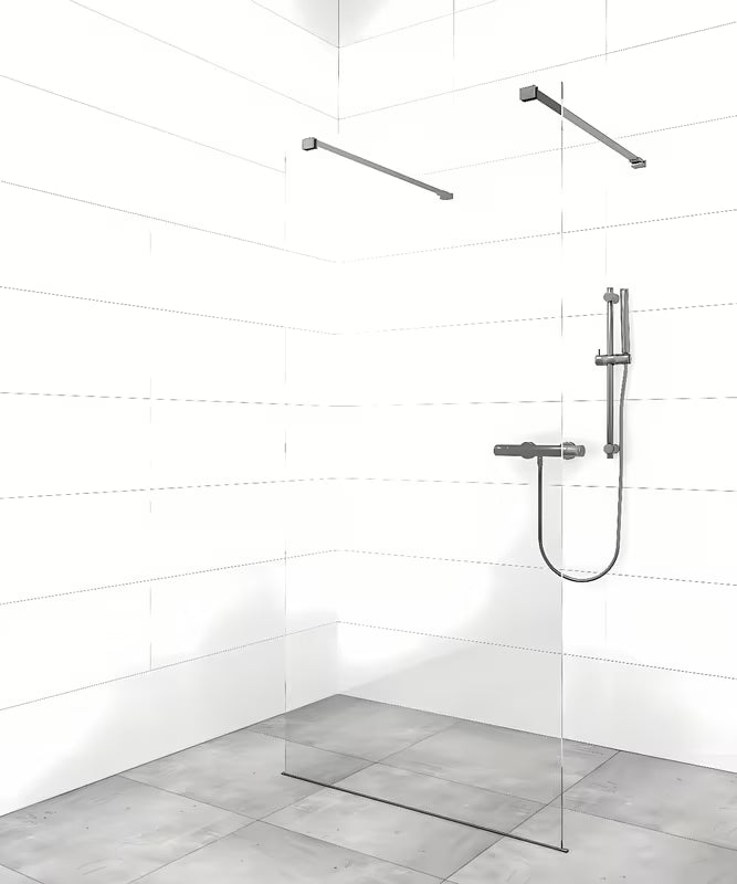 Walk-in dušo sienelė SAT Walk-in 140 cm juodos spalvos su skaidriu stiklu ir berėmiu dizainu.