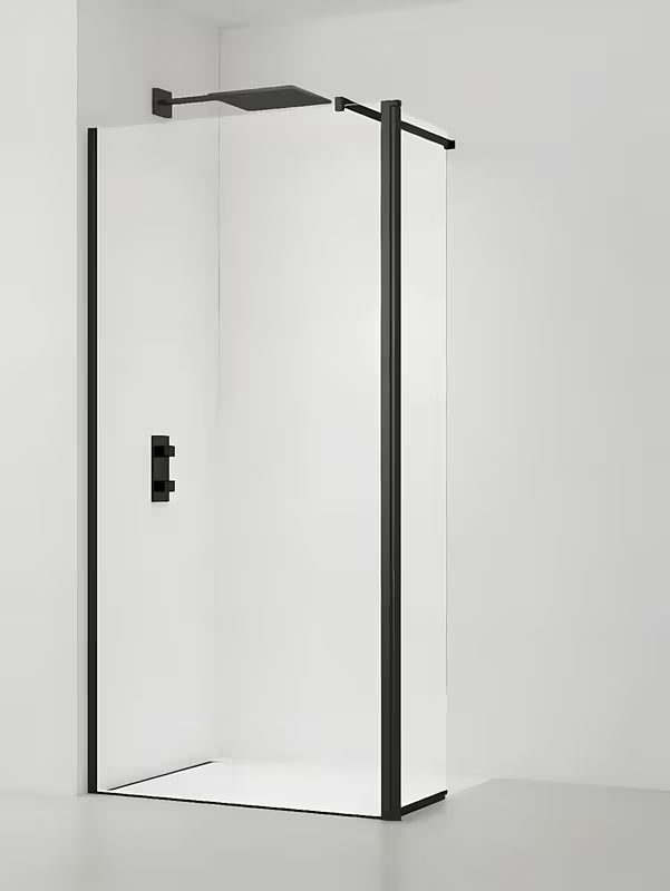 Juoda walk-in dušo sienelė SAT Walk-in 60 cm su skaidriu stiklu ir EasyClean danga.