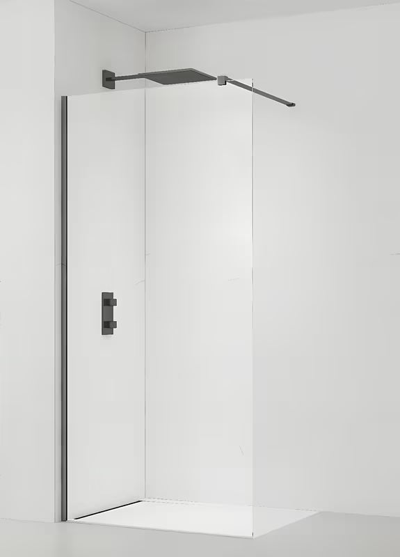 SAT Walk-in walk in Dušo-Sienelė 80 cm juodos spalvos, su skaidriu stiklu ir PVD Gun metal stabilizatoriumi.