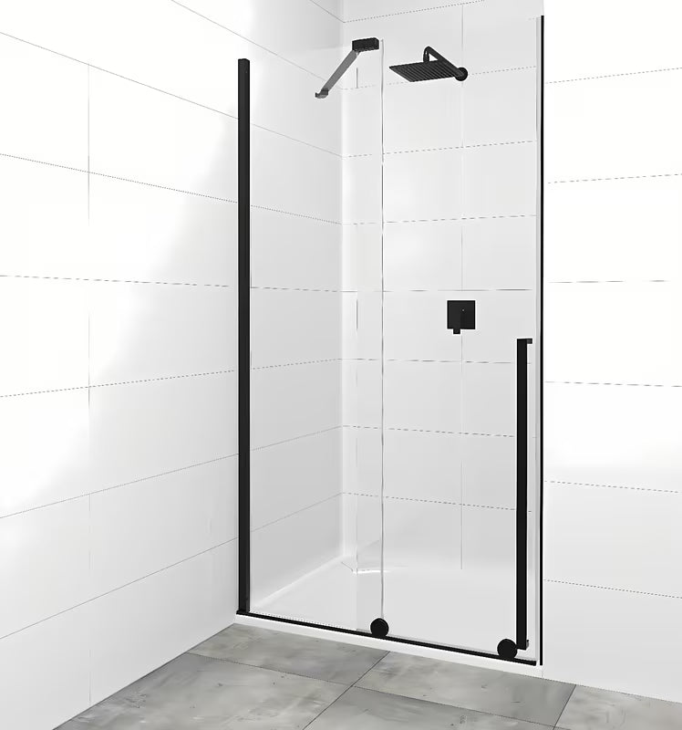 Slankiojančios dušo durys SAT Xmotion 110 cm, juodos spalvos, skaidrus stiklas, berėmis dizainas.