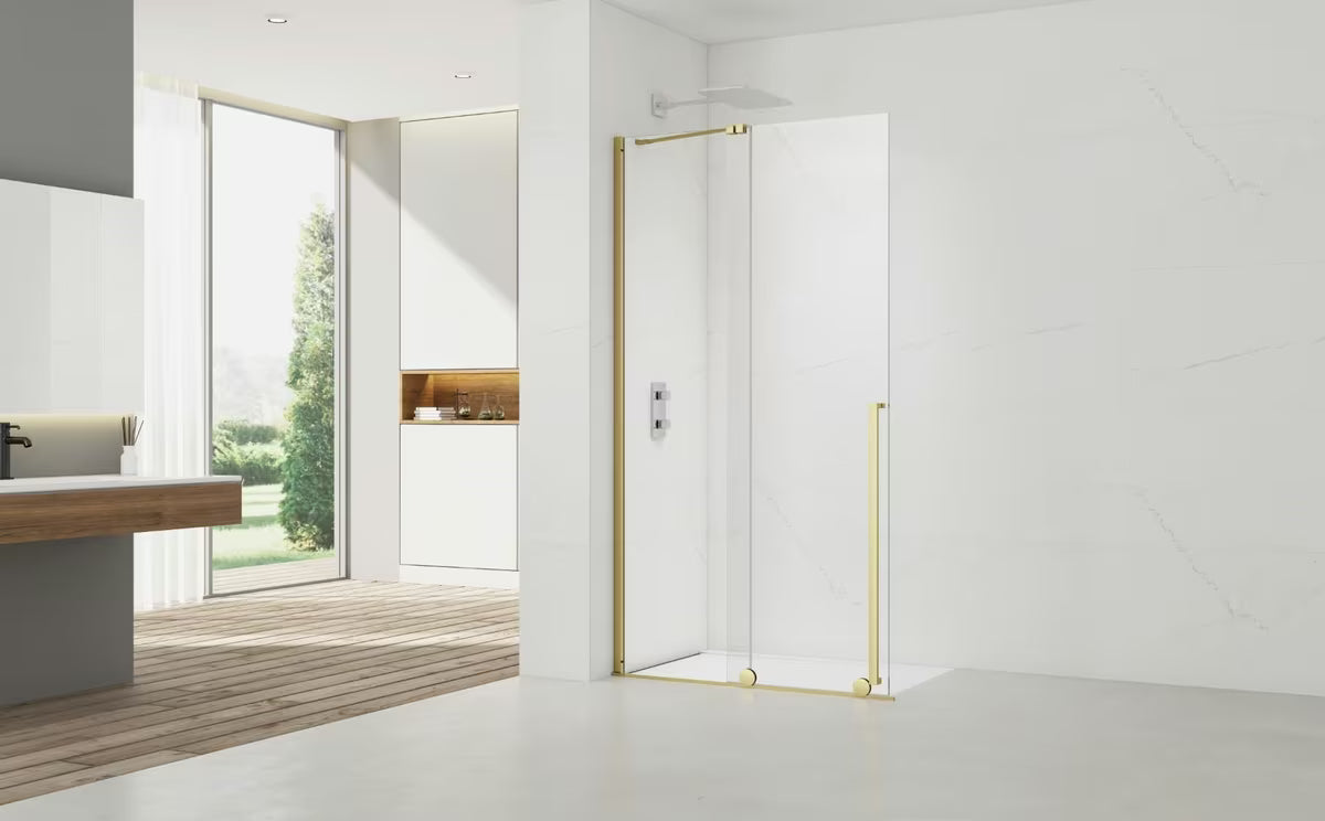 Walk-in dušo sienelė SAT Xmotion 110 cm, blizgaus aukso spalvos, su skaidriu stiklu, berėmė.