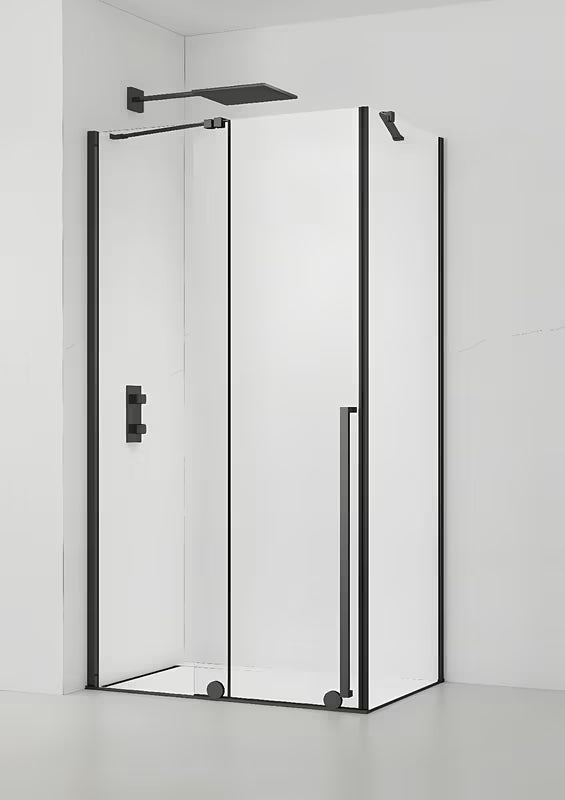 Dušo kabina SAT Xmotion 140x90 cm juodos spalvos, su skaidriu stiklu ir stumdomu atidarymu