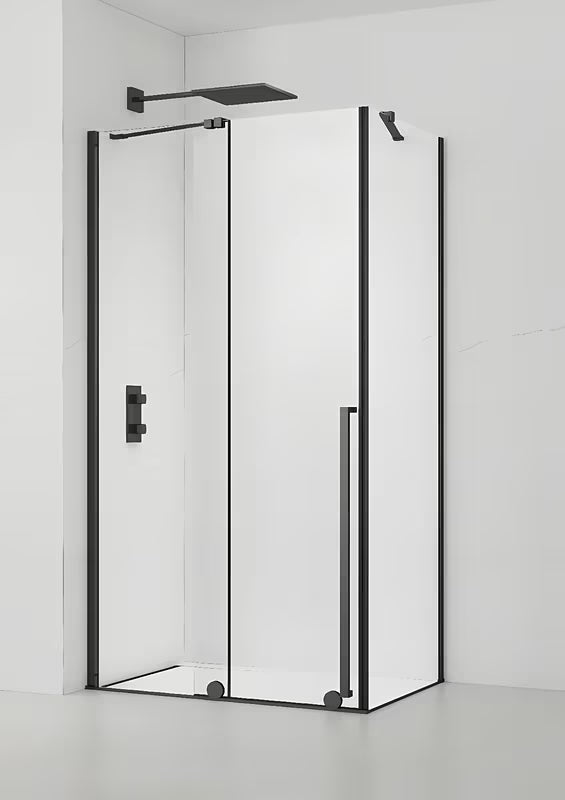 Dušo kabina SAT Xmotion 140x90 cm juodos spalvos, su skaidriu stiklu ir stumdomu atidarymu