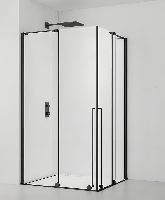Stačiakampė dušo kabina SAT Xmotion 140x110 cm, juodos spalvos, su skaidriu stiklu ir stumdomomis durimis