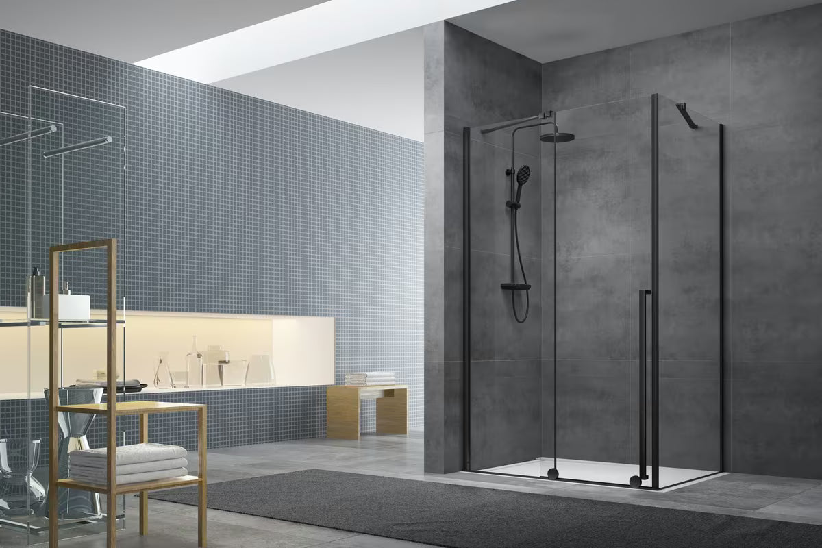 Dušo durų šoninė sienelė SAT Walk-In Xmotion 87,5 cm juodos spalvos su skaidriu stiklu