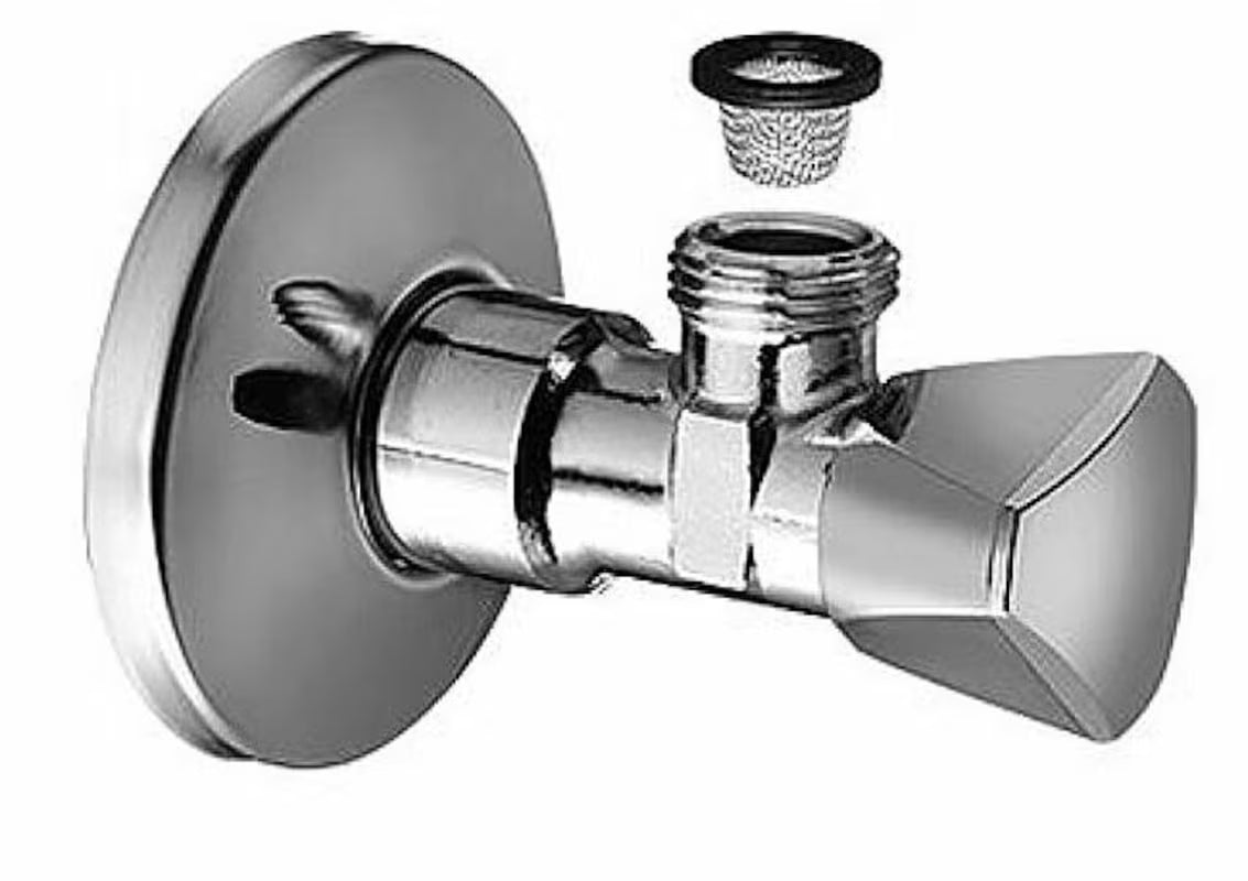Chromuotas kampinis ventilis Schell su trikampe rankenėle, prijungimas 1/2" ir išėjimas 3/8".