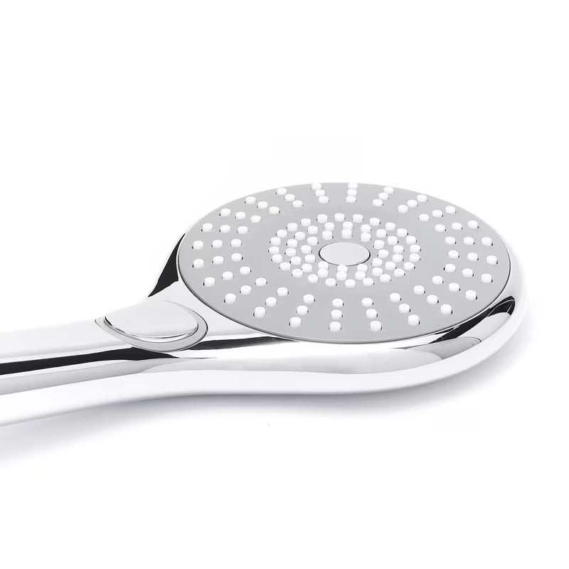 Chromuota rankinė dušo galvutė SIKO, 115 mm skersmens, su 3 dušo srovių perjungimu mygtuku.
