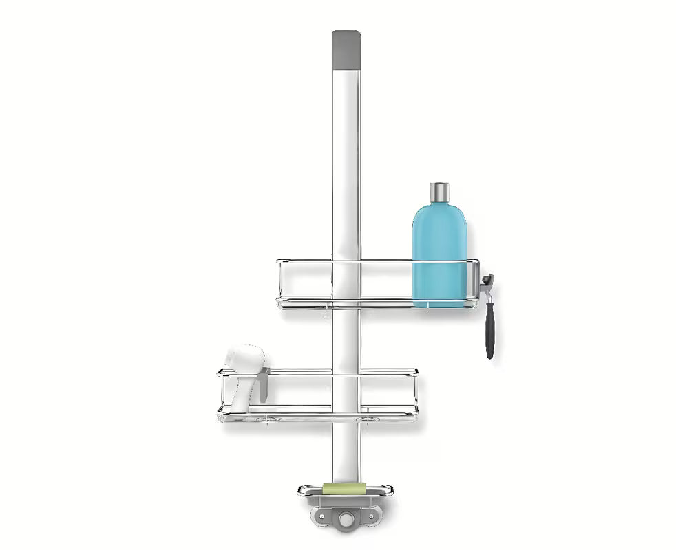 Dušo lentynėlė Simplehuman Shower caddy iš nerūdijančio plieno medžiagų su reguliuojamomis lentynėlėmis ir siurbtukais pro stabiliam tvirtinimui.