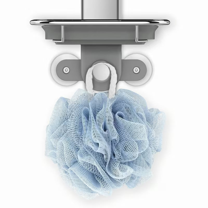 Dušo lentynėlė Simplehuman Shower caddy iš nerūdijančio plieno medžiagų su reguliuojamomis lentynėlėmis ir siurbtukais pro stabiliam tvirtinimui.