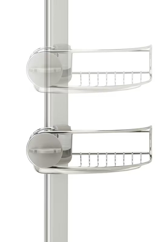 Reguliuojama dušo stovas Simplehuman Shower caddy su vielinėmis lentynėlėmis į kampą iš nerūdijančio plieno.