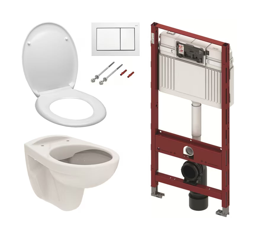 Akcinis pakabinami WC komplektas TECE 5 viename su potinkiniu bakeliu, baltu TECEbase mygtuku, rimless KLOZETAS ir sėdyne softclose